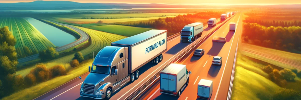 DALL·E 2024-06-10 16.32.29 - A vibrant scene depicting a land freight service with multiple types of trucks driving on the highway. The trucks include a large semi-trailer, a medi