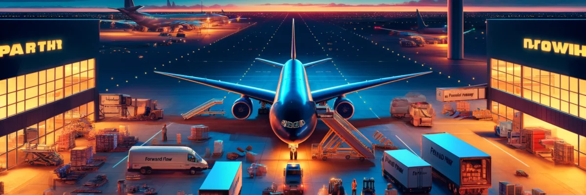 DALL·E 2024-06-10 17.40.00 - A vibrant scene depicting an air cargo freight service with a dark base color. In the foreground, a large cargo plane with the FORWARD FLOW logo is pa