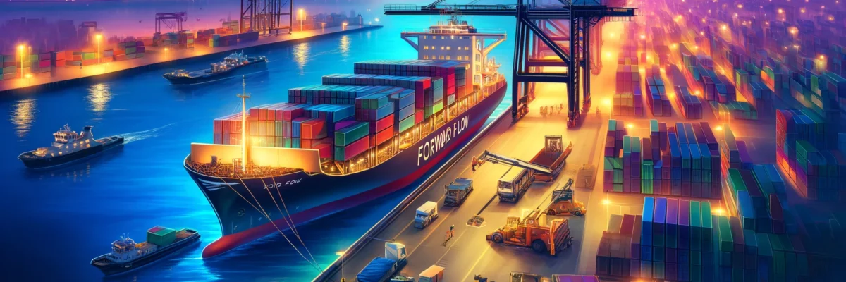 DALL·E 2024-06-10 17.44.17 - A vibrant scene depicting an ocean cargo freight service with a dark base color. In the foreground, a large cargo ship with the FORWARD FLOW logo is d